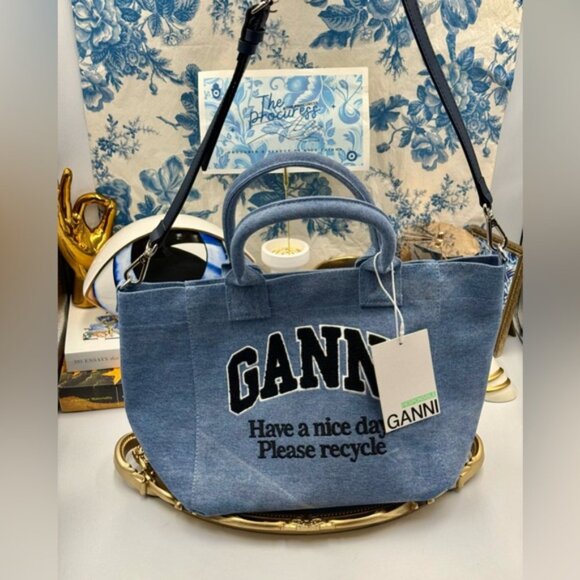🆕 GANNI 🧿 NWT Washed Blue Embroidered Logo Small Shopper - Picture 3 of 11